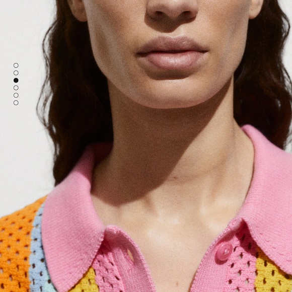 Crochet collard polo shirt. Pink buttons multi color knit - Picture 6 of 10